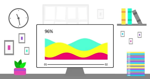 Office computer with simple modern round Infographics on screen. Modern Office Stock Footage 279780615