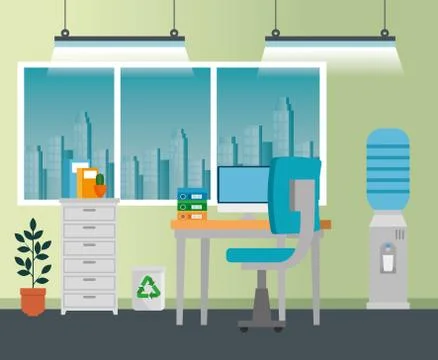 Office with computer technology and books in the file cabinet Stock Illustration