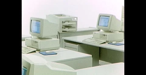 OFFICE COMPUTER WORKSTATIONS, 1990 Stock Footage 258321364