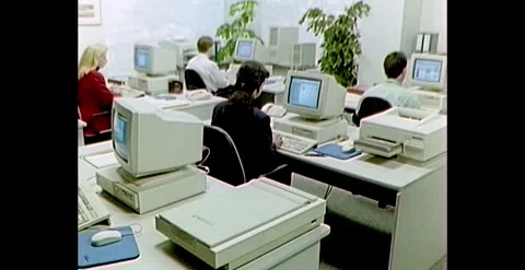 OFFICE COMPUTERS &amp; WORKPLACE, ARCHIVE FOOTAGE: 1990 Stock-Footage 258321351