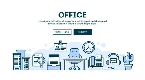 Office, concept header, flat design thin line style Illustrazione stock