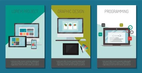 Office concept set of flat banners, cards vector illustration. Lorem project Stock Illustration