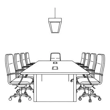 Office conference room table with eight rolling chairs and hanging light Stock Illustration