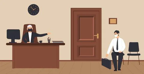 Office corridor on a cream background: reception with elderly secretary Stock Illustration