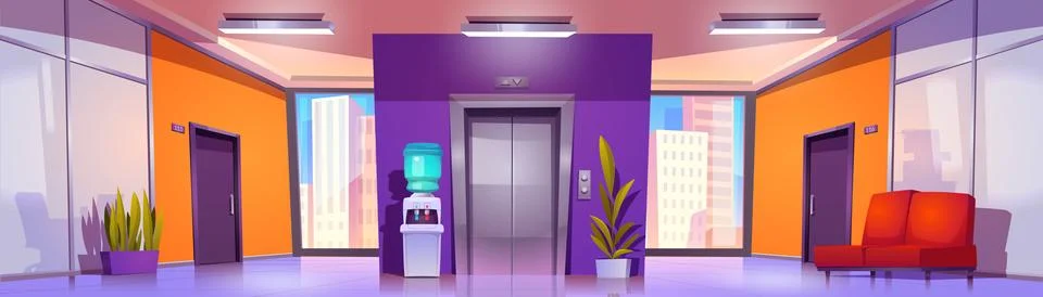 Office corridor with elevator and cabinet door 스톡 일러스트