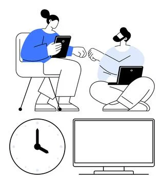 Office coworkers collaborating on tablets while seated, with clock and moni.. Illustrazione stock