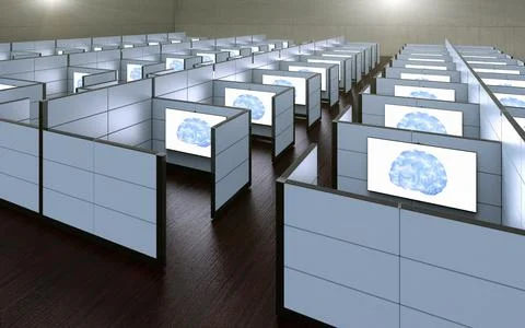 Office cubicles where workers where replaced by artificial intelligence. 库存插图