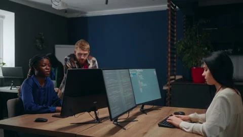 Office of data engineering team, multiethnic people working, programmers and web Stock Footage 233738586