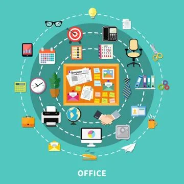 Office Decorative Icons Set In Circle Order Stock Illustration