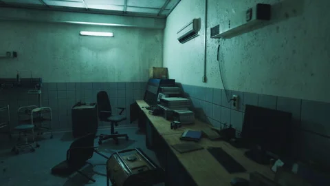 Office depicts disorder with piled documents and dusty filing cabinets Stock Footage 339628667