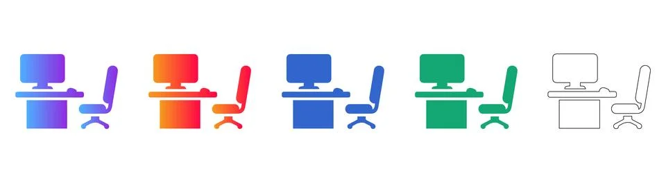 Office Desk and Computer Workspace Icons Stock Illustration