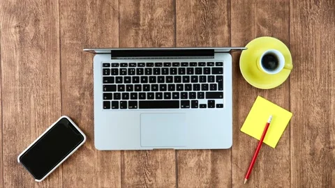 Office desk and digital work with a computer and smart phone Stock Footage 131438298
