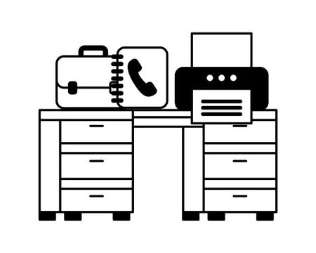 Office with desk and printer workplace Illustrazione stock