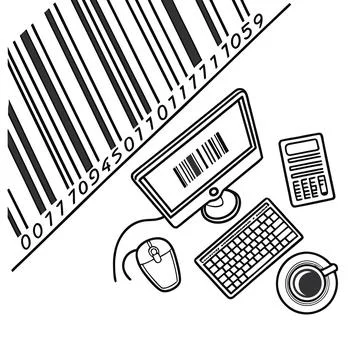 Office Desk and Workspace Elements Created from Barcode Design Stock Illustration