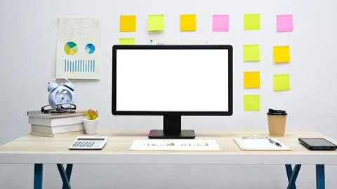 Office desk, Blank screen display computer with graph, calculato Stock Photos