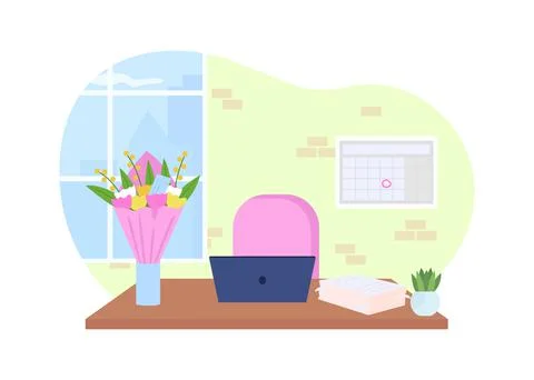 Office desk with bouquet in vase 2D vector web banner, poster Stock Illustration