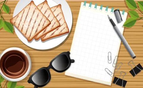 Office desk close up with note paper and coffee break cartoon style Stock Illustration