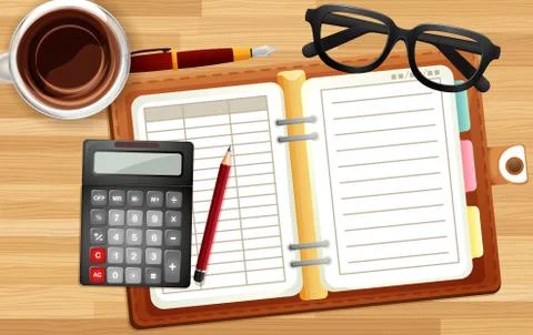 Office desk close up with notebook and calculator and coffee cup cartoon styl Stock Illustration