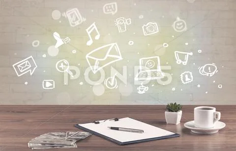 Office desk with communication icons Stock Photos