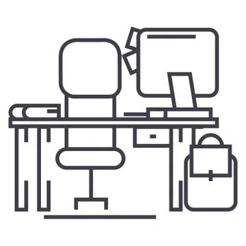 Office desk with computer and chair vector line icon, sign, illustration on w Stock Illustration