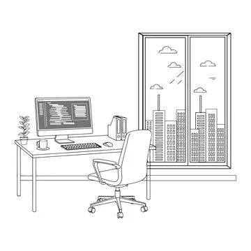 Office desk with computer and city view chair Stock Illustration