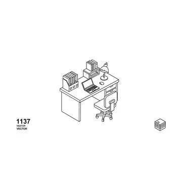 Office desk with computer and office supplies line art Stock Illustration