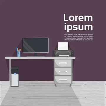 Office Desk With Computer And Printer Workplace Background Stock Illustration