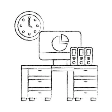 Office desk computer binders clock objects Stock Illustration