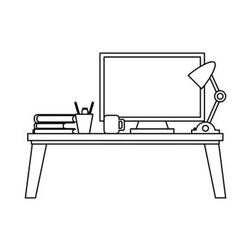 Office desk with computer black and white Stock Illustration