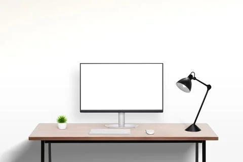 Office desk with computer display mockup featuring isolated screen Stock Photos