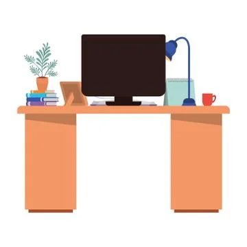 Office desk with computer isolated icon Illustrazione stock