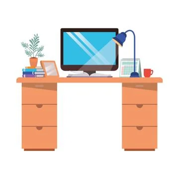 Office desk with computer isolated icon Illustrazione stock