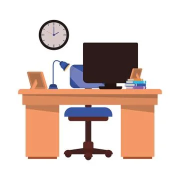 Office desk with computer isolated icon Illustrazione stock