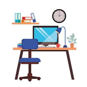 Office desk with computer isolated icon Illustrazione stock