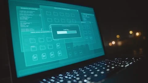 Office desk with computer laptop loading file data and information remote access Видео 330530634