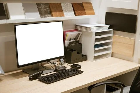 Office desk with computer, mock up Stock Photos
