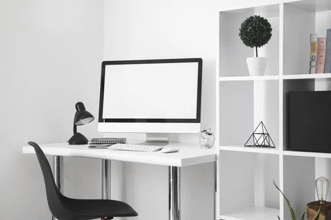 Office desk with computer screen desk chair Resolution and high quality Stock Photos