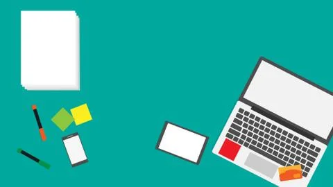 Office desk, computer with smart phone and tablet in trendy flat style isolat Stock Photos