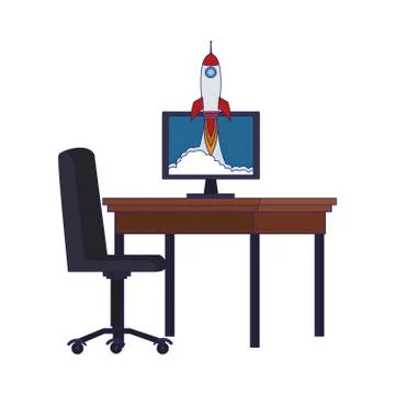 Office desk with computer with space rocket icon, colorful design Stock Illustration