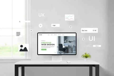 Office desk displaying the creation of a web page with elements flying around Stock Photos