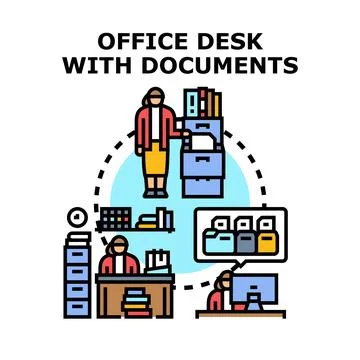 Office desk with documents managing and organizing workflow Stock Illustration