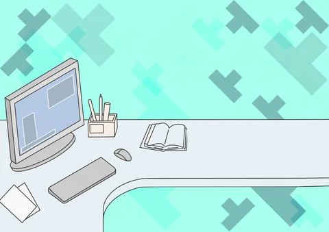 Office Desk Drawing With Computer Pen Holder And An Open Blank Notebook Arranged Illustrazione stock