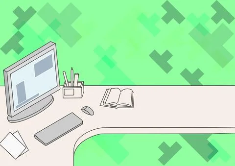 Office Desk Drawing With Computer Pen Holder And An Open Blank Notebook Arranged Stock Illustration