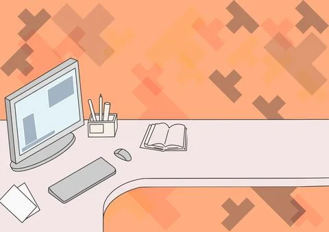 Office Desk Drawing With Computer Pen Holder And An Open Blank Notebook Arranged Stock Illustration