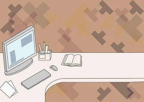 Office Desk Drawing With Computer Pen Holder And An Open Blank Notebook Arranged Stock Illustration