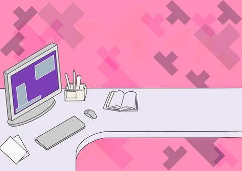 Office Desk Drawing With Computer Pen Holder And An Open Blank Notebook Arranged Stock Illustration