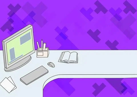 Office Desk Drawing With Computer Pen Holder And An Open Blank Notebook Arranged Stock Illustration