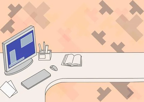 Office Desk Drawing With Computer Pen Holder And An Open Blank Notebook Arranged Stock Illustration