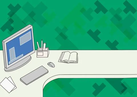 Office Desk Drawing With Computer Pen Holder And An Open Blank Notebook Arranged Stock Illustration