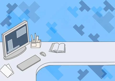 Office Desk Drawing With Computer Pen Holder And An Open Blank Notebook Arranged Illustrazione stock